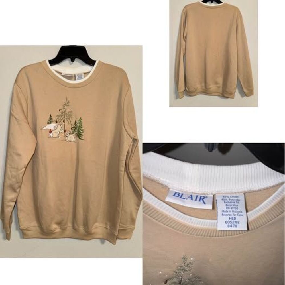 Vintage Blair Medium Tan Embroidered Winter Rabbit Sweatshirt